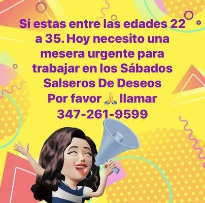 Looking For Waitress & Barmaids Spanish/English Preferred 347-261-9599