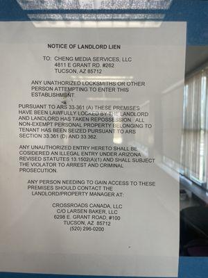 Notice if landlord lien.