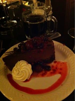 Dessert at Severance Restaurant. chocolate cheesecake with a fruit compote. Coffee was smoky and dark.