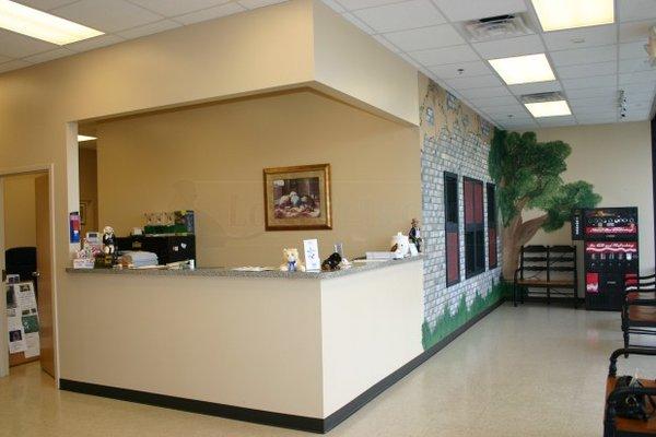 Our reception area, notice the trees for the cats to look at!