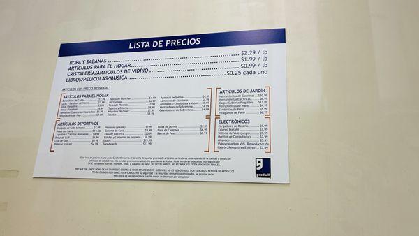 Price list in Spanish