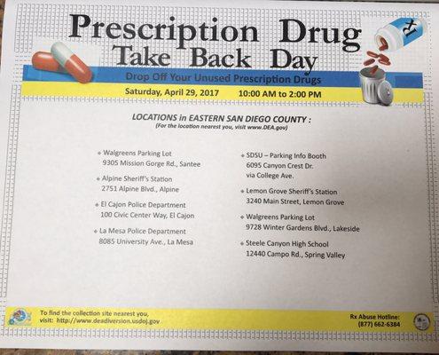 Save the Date-April 29th, 2017. Many law enforcement locations are accepting unused, expired prescriptions for safe disposal.