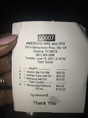 Receipt for unexpected $120.00