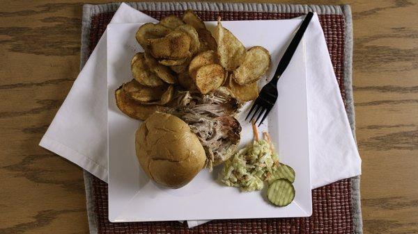 Pulled Pork smoked 12 hours with our Home-Made Chips and Pasta Brocolli Salad