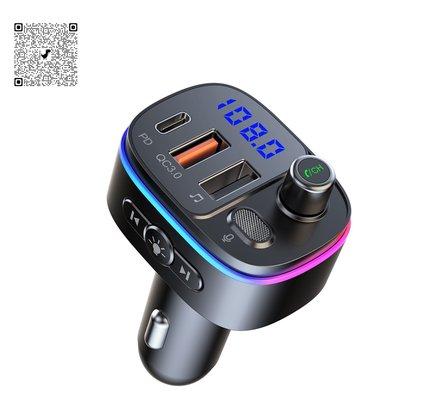 Car Handsfree Wireless Bluetooth Kit FM Transmitter With LED Light, QC3.0 Car Charger PD: 18W, MP3 Player, BT: 5.0