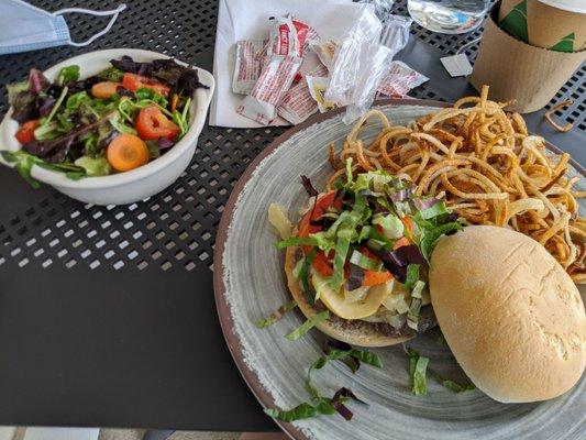 Justin's burger and string fries plus extra $3 side salad. No up charge for GF bun