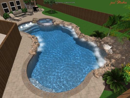 3D free form pool rendering with 10 ton water grotto and Colorlogic lights. Peak Pools and Spas