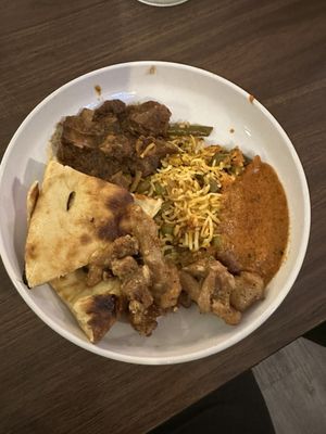 Naan, Achari lamb, Garlic chicken, Chicken Tikka Masala and Vegetable Biryani