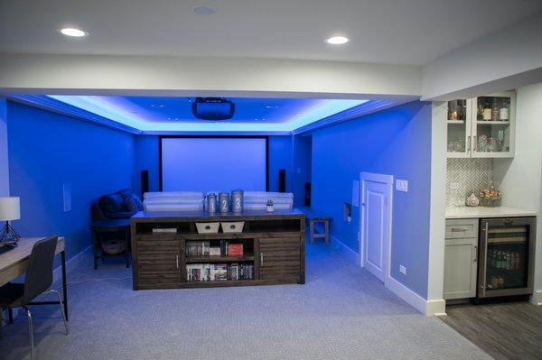 Basement theater room with ambient lighting