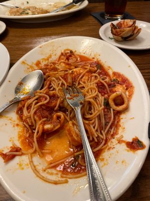 "Seafood medley" pasta with shrimp, squid, scallop, and claim