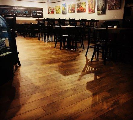 The wood floors are in! Come check'em out AND our new, very zen seating flow #diy #woodfloors #comfyatmosphere