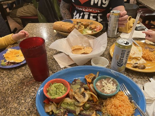 Ribeye for me, chimichanga for my husband and quesadilla kids meal for the kids. So much food we got to have it for lunch the next day!