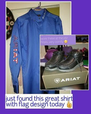 The shirt I bought today with the American flag logo, and the Ariat shoes I bought the first trip.