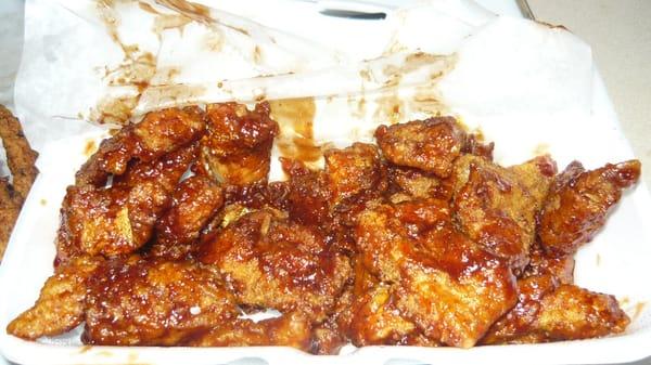 cat fish nuggets in honey bbq sauce...the bomb!!