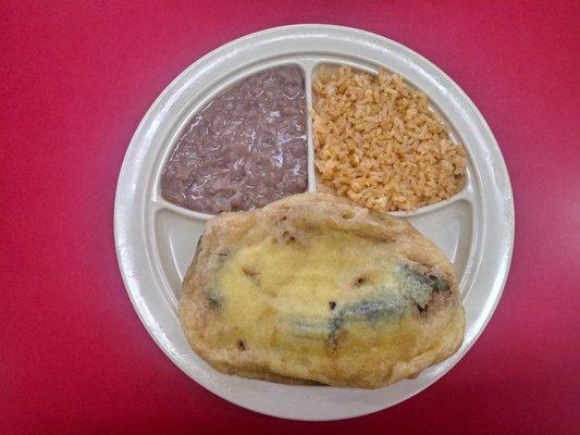 CHILE POBLANO PLATE W/RICE, BEANS, TORTILLAS AND DRINK