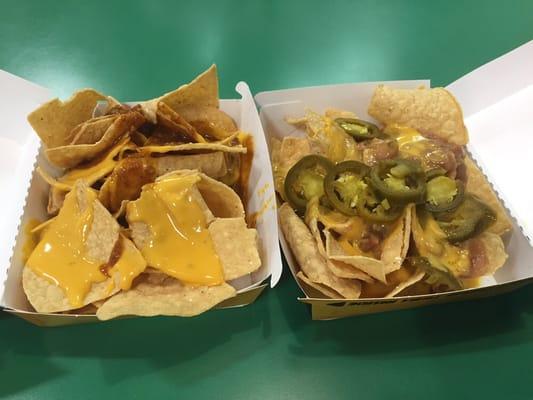 "Let go of that cheese! It is na-cho cheese!" Chili cheese and Salsa verde nachos