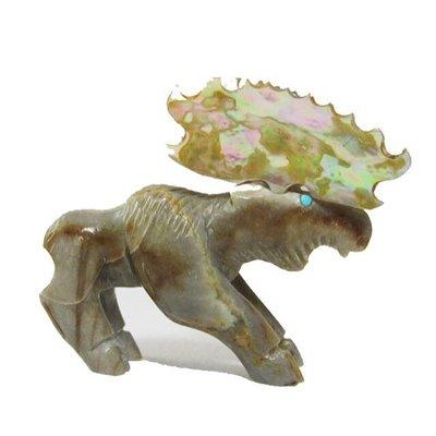 Hand crafted fetishes( carvings) by Zuni artists. This moose is just awesome ! Picasso Marble, turquoise and abalone shell.