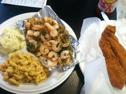 Fried Catfish, broiled shrimp, mac & Cheese, and Potato salad