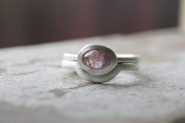 14k palladium and pink sapphire engagement and wedding ring set. Made to order.