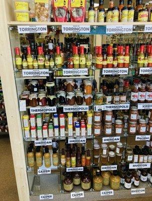 Huge selection of hot sauces and party supplies.