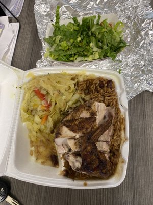 White jerk, chicken, lunch, combo with red beans and rice and side salad