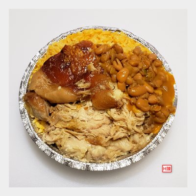 Pernil (slow cooked pork roast), yellow rice, cup of beans (partial shown). Menu says $8, but I paid $9.80 all-in. Food weighed 2.25lb~!