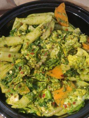 Make your own pasta (pesto penne with carrots, mushrooms, mozzarella cheese, kale, broccoli and red hot peppers