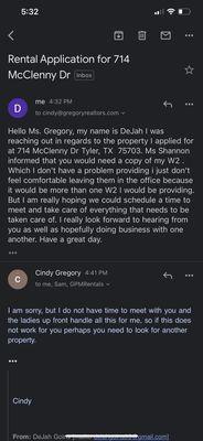 This is the email I sent Miss Gregory expressing how I felt about leaving my W-2s with strangers and below is her response.