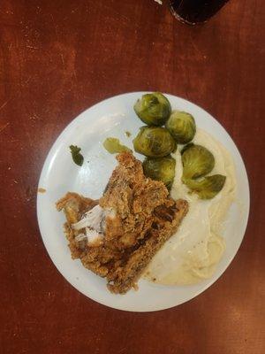 cold fried chicken, and runny cold mashed potatoes  sprouts were cold in the middle