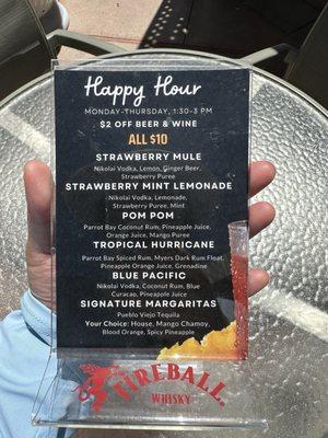 Happy hour cocktail menu