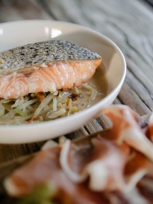 Salmon over brown butter cabbage and corn!