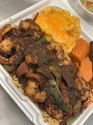 Jerk Shrimp W/ Rice& peas , Mac and Yams!!!