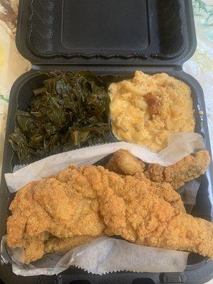 Fried whiting, greens and macaroni & cheese