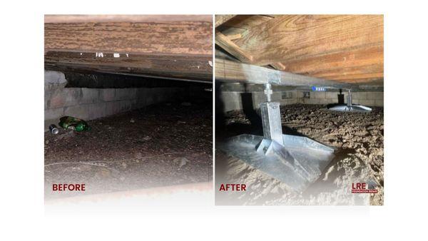 Before and after installation of SmartJack system for crawl space support.