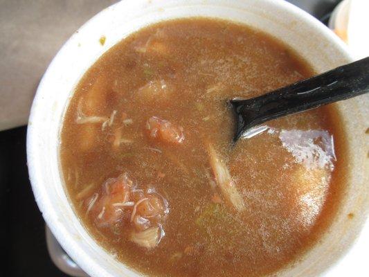 chicken and sausage gumbo; greasy but tasty