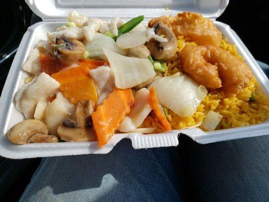 Moo Goo Gai Pan, chicken fingers, fried rice.