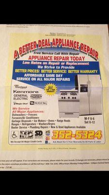 We repair all major appliances washer dryer fridges stoves freezers disposals and water heaters swamp coolers