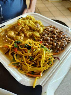 Rasta Pasta, Curry (Un) Goat, millet and black-eyed peas. Really filling-enough for two meals!