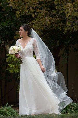 Our beautiful Cali Real Bride Tamara wearing a custom version of our Mel gown