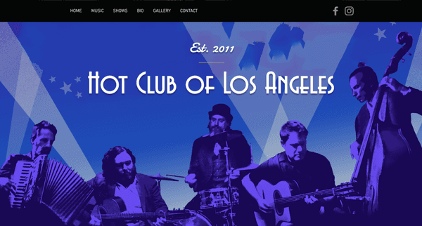 Homepage to Hot Club of Los Angeles' new website.