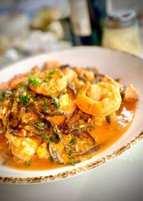 Squid ink pasta with seafood