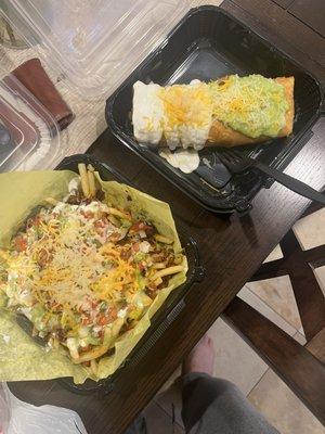 (Left) Al Pastor Loaded fries (right) Chimichanga carne asda