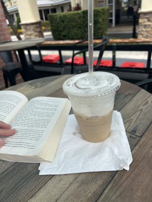 Coconut cream latte on attached seating area