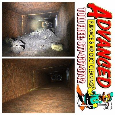 Fiberboard ductwork before and after. Our system can clean. All types of ductwork without damage.