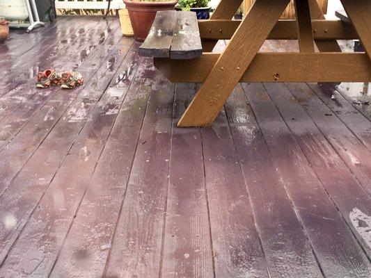 "Deep forest brown" deck is actually purple. Also table seats. Contrast to actual brown coated picnic table legs.