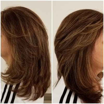 I use a warm brown copper on this sweet lady to cover up her white and grays and then we put highlights in to brighten it up some more.