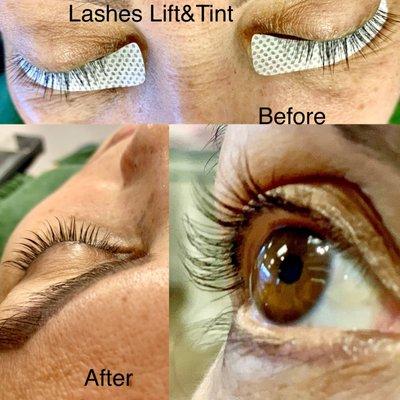 Eyelash lift and tinting (You get the semi-permanent lift and curl of extensions while keeping your natural lashes damage-free. )