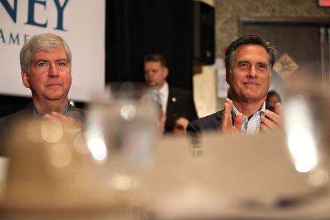 Rick Snyder of Michigan and Mitt Romney attending a lunch at the Farmington Hills Manor