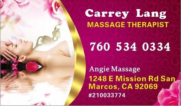 Independent massage therapist servicing at "Angie Massage" at 1248 E Mission Rd, San Marcos, CA 92069

Call or text us today to book now!