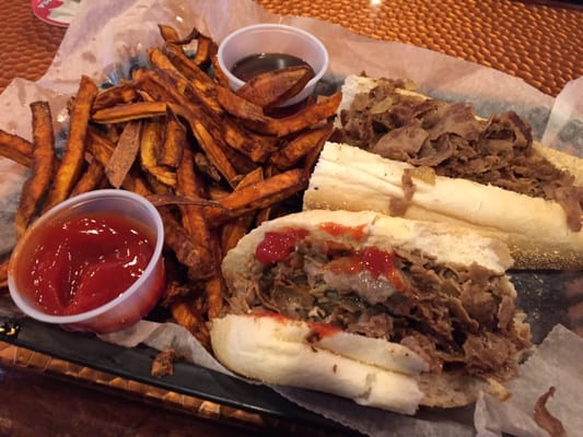 The best sweet potatoe fries - they serve it with syrup! Cheesesteak was good!